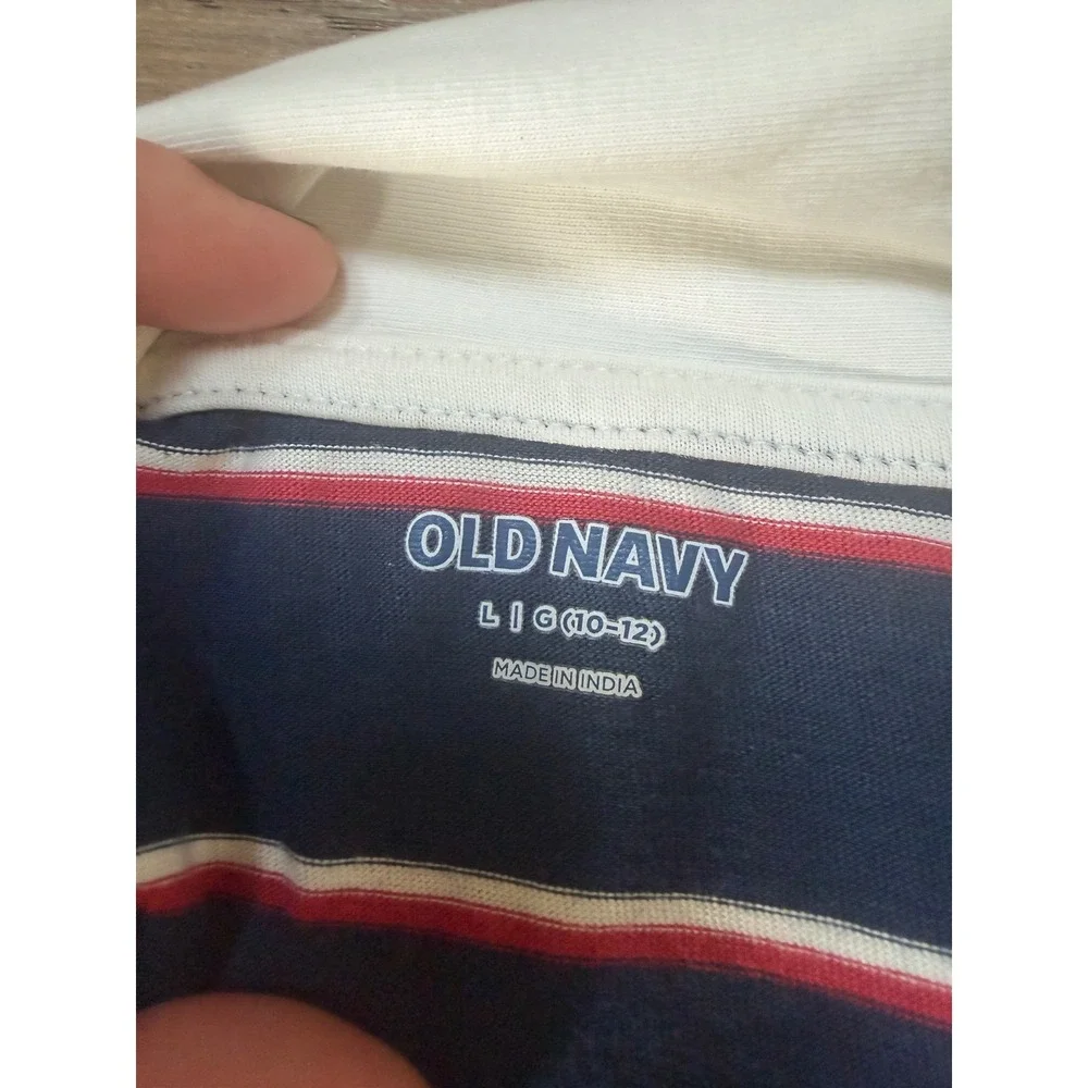 Old Navy Boys Navy Blue Striped Rugby Polo Shirt Shaka Patch Size L 10-12